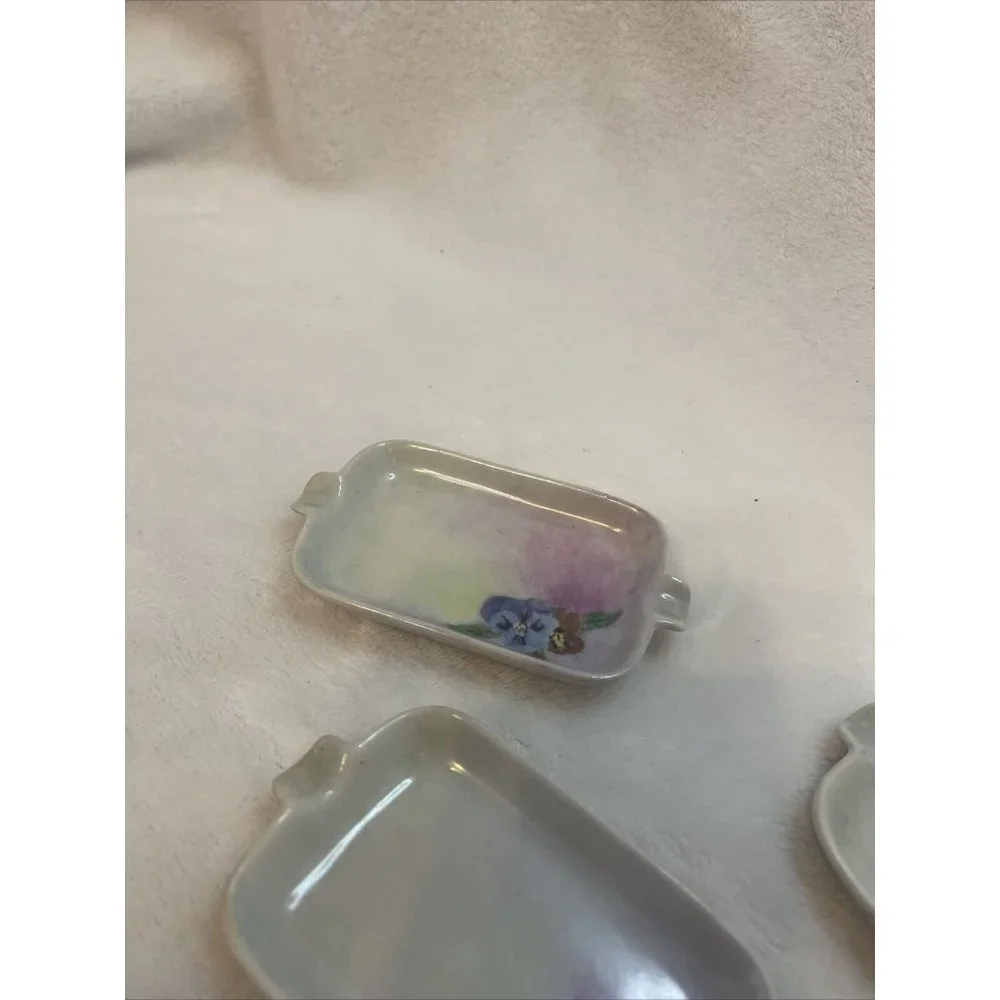 Vintage Hand Painted Pansy Porcelain Ashtrays Set of‎ 3 Lusterware Floral